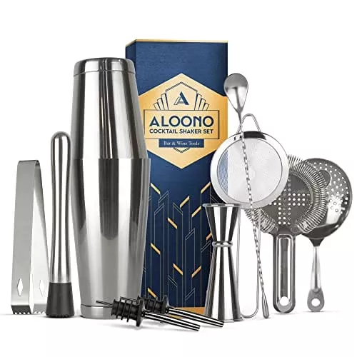 11-piece-silver-boston-cocktail-shaker-set-bartender-kit-drink-mixer-bar-set-coc 11-Piece Silver Boston Cocktail Shaker Set Bartender Kit | Drink Mixer Bar Set | Cocktail Set Bar Accessories: Martini Shaker, Strainer, Jigger, Muddler, Spoon, & More
