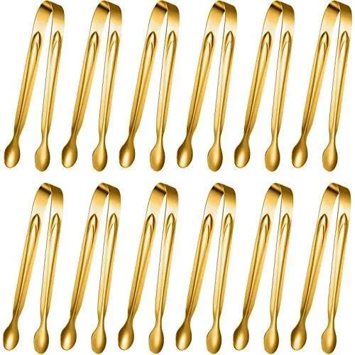 12-pieces-sugar-tongs-ice-tongs-stainless-steel-mini-serving-tongs-appetizers-to 12 Pieces Sugar Tongs Ice Tongs Stainless Steel Mini Serving Tongs Appetizers Tongs Small Kitchen Tongs for Tea Party Coffee Bar Kitchen (4.3 Inch, Gold)