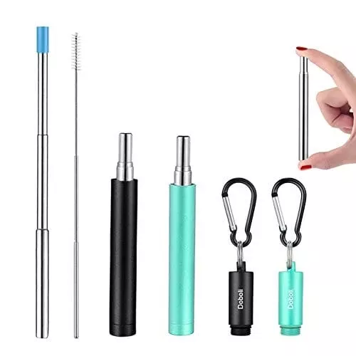 2-pack-reusable-metal-straws-collapsible-stainless-steel-drinking-straw-travel-p 2 Pack Reusable Metal Straws Collapsible Stainless Steel Drinking Straw Travel Portable Telescopic Straw with Case,2 Cleaning Brushes Included Black/Turquoise