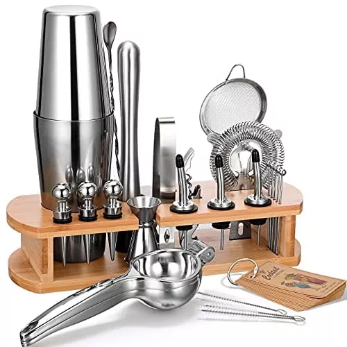 24-piece-cocktail-shaker-bartender-kit-with-stand-boston-shaker-mixing-spoon-mud 24-Piece Cocktail Shaker Bartender Kit with Stand, Boston Shaker, Mixing Spoon, Muddler, Measuring Jigger, Lemon Squeez, Tongs, Corkscrew, Liquor Pourers and More Professional Bar Tools