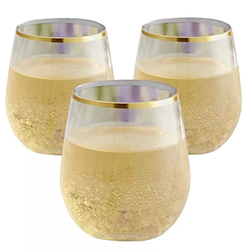 24-piece-stemless-disposable-unbreakable-crystal-clear-plastic-wine-glasses-set- 24 piece Stemless Disposable Unbreakable Crystal Clear Plastic Wine Glasses Set of 24 (10 Ounces - Gold Rim)