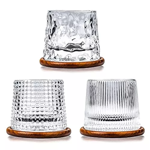 3-set-rotating-whiskey-glasses-with-black-walnut-coasters-luxurious-crystal-160m 3 Set Rotating Whiskey Glasses with Black Walnut Coasters - Luxurious Crystal 160ml in Choice of Styles. Unique Arched Convex Bottoms for Spinning. Real Wood Fitted Coasters.