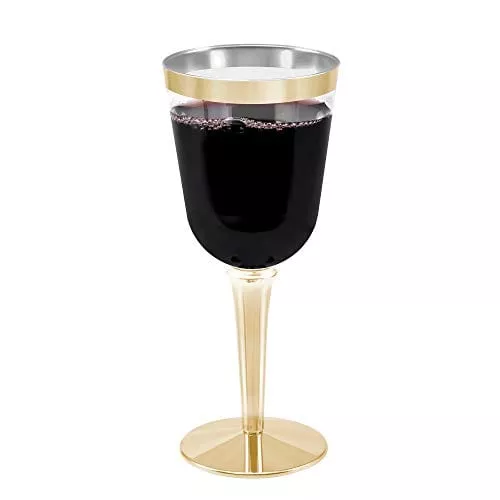 50 Gold Rimmed Disposable Plastic Wine Glasses | Large 10 oz. Premium Clear Hard Plastic Fancy Wine Cups for Weddings & Events (50-Pack) by BloominGoods
