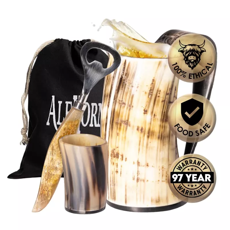 AleHorn Viking Mug, Shot Glass and Bottle Opener Bundle | Father's Day Gift Ideas - Viking Drinking Horn for Beer, Ale or Mead - 16 oz