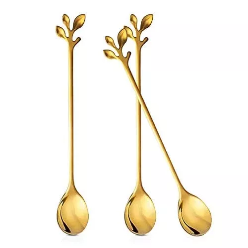 anyi16-long-handle-tea-coffee-spoons-set-7-5-stainless-steel-gold-leaf-teaspoons ANYI16 Long Handle Tea Coffee Spoons Set, 7.5" Stainless Steel Gold Leaf Teaspoons for Iced Tea, Coffee, Ice Cream, Dessert