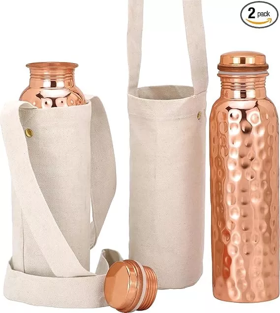 Authentic Ayurvedic Copper Water Bottle Pack of 2 for Drinking Water | Large 34OZ Copper Vessel | 2 Canvas Bottle Carrying Bags