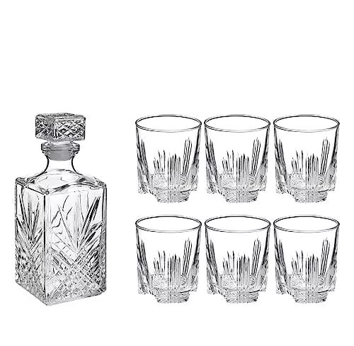 bormioli-rocco-selecta-collection-whiskey-gift-set-sophisticated-etched-33-75oz- Bormioli Rocco Selecta Collection Whiskey Gift Set – Sophisticated Etched 33.75oz Decanter & 6 9.5oz Glass Tumblers With Starburst Detailing – For Whiskey, Bourbon, Scotch & Liquor