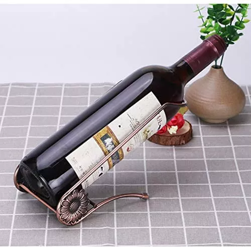 Fantasee Stainless Steel Single Bottle Holder Tabletop Wine Rack Novelty Gift for Kitchen Home Decor (L Style, Bronze)