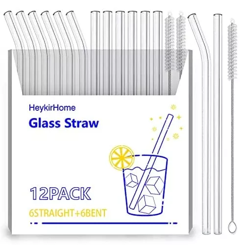 heykirhome-12-pack-disposable-glass-straw-size-8-5-x10-mm-including-6-straight-6 HeykirHome 12-Pack Disposable Glass Straw,Size 8.5''x10 MM,Including 6 Straight and 6 Bent with 2 Cleaning Brush- Perfect For Smoothies, Tea, Juice