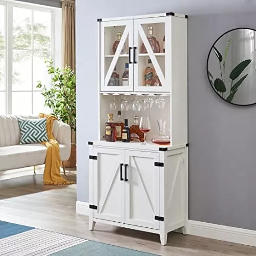 home-source-bar-cabinet-with-upper-glass-cabinet-in-white-finish Home Source Bar Cabinet with Upper Glass Cabinet in White Finish
