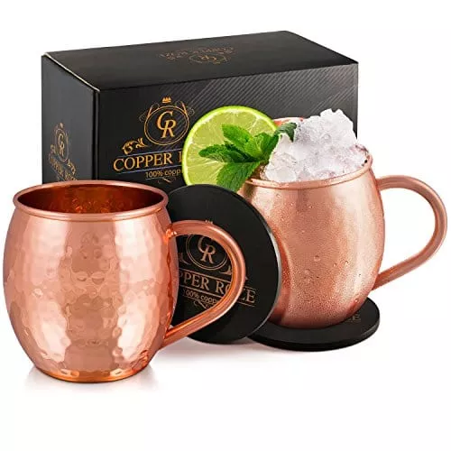 koolbrew-copper-roze-moscow-mule-copper-mugs-gift-set-2-copper-mule-mugs-2-coast KoolBrew Copper Roze Moscow Mule Copper Mugs Gift Set of 2 Copper Mule Mugs and 2 Coasters, 100% Pure Solid Copper Cups with Hammered Finish
