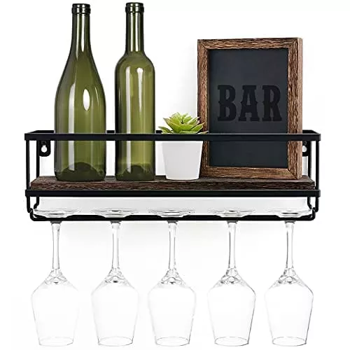 mkono-wall-mounted-wine-rack-bottle-glass-holder-wood-rustic-floating-racks-with Mkono Wall Mounted Wine Rack - Bottle & Glass Holder Wood Rustic Floating Racks with Stemware Hanger Modern Plants Photos Wine Bottles Display Wall Storage Shelf for Kitchen Dining Room Home Bar