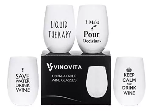 vinovita-funny-wine-glasses-set-4-100-tritan-plastic-unbreakable-stemless-durabl VINOVITA Funny Wine Glasses (Set of 4) 100% Tritan Plastic | Unbreakable Stemless and Durable | Great for Indoor/Outdoor Parties, Beach (Tritan Plastic, 16oz)