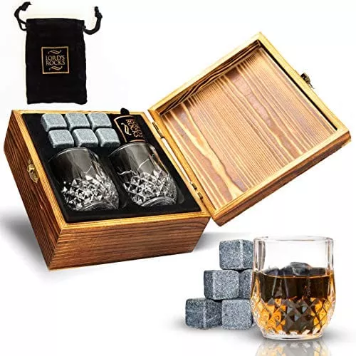 whiskey-gifts-fathers-day-men-6-whiskey-stones-2-whiskey-shot-glasses-2-7-ounce- Whiskey Gifts for Fathers Day Men – 6 Whiskey Stones 2 Whiskey Shot Glasses 2.7 Ounce Wood Box and Velvet Pouch Cold Stones for Scotch, Whiskey, Bourbon, Tequila, Vodka, Rum, Wine