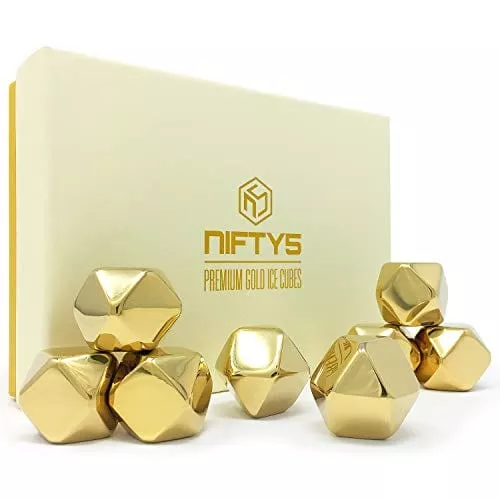 whiskey-stones-gold-edition-gift-set-8-stainless-steel-diamond-shaped-metal-ice- Whiskey Stones Gold Edition Gift Set of 8 Stainless Steel Diamond Shaped Metal Ice Cubes, Reusable Chilling Rocks including Silicone Tip Tongs and Storage Tray