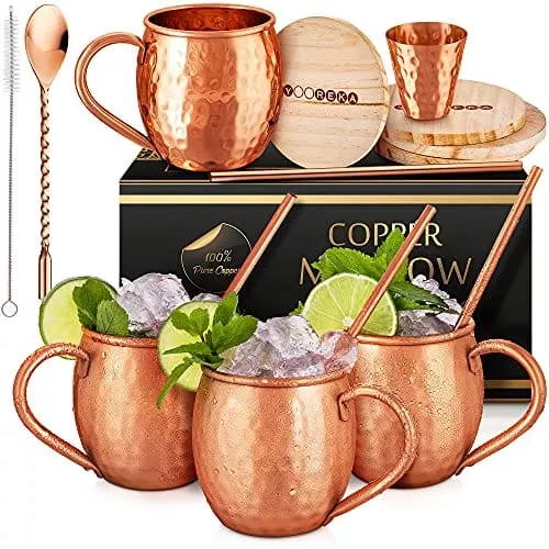 yooreka-gift-set-moscow-mule-mugs-set-4-16-oz-solid-cooper-100-pure-copper-cups- Yooreka Gift Set Moscow Mule Mugs Set Of 4 16 oz Solid Cooper, 100% Pure Copper Cups Cylindrical Shape HANDCRAFTED,BONUS 4 Straws, 4 Wood Coasters, Stirring Spoon, Cleaning brush (Oval)